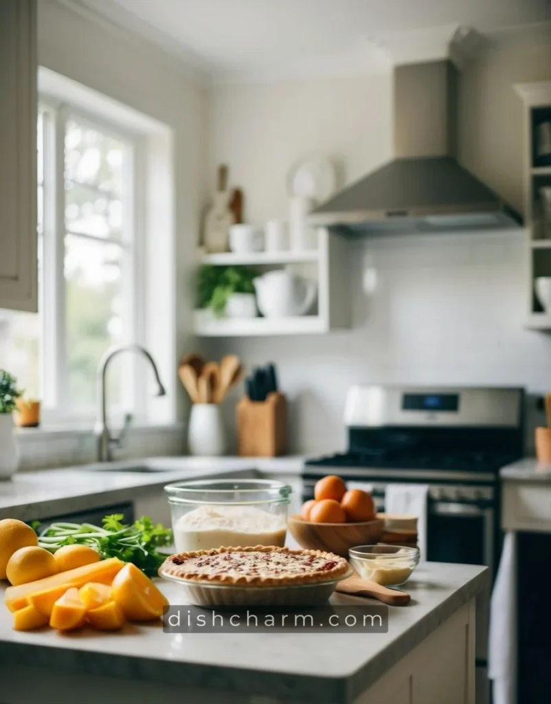 A kitchen counter with ingredients and a pie being prepared