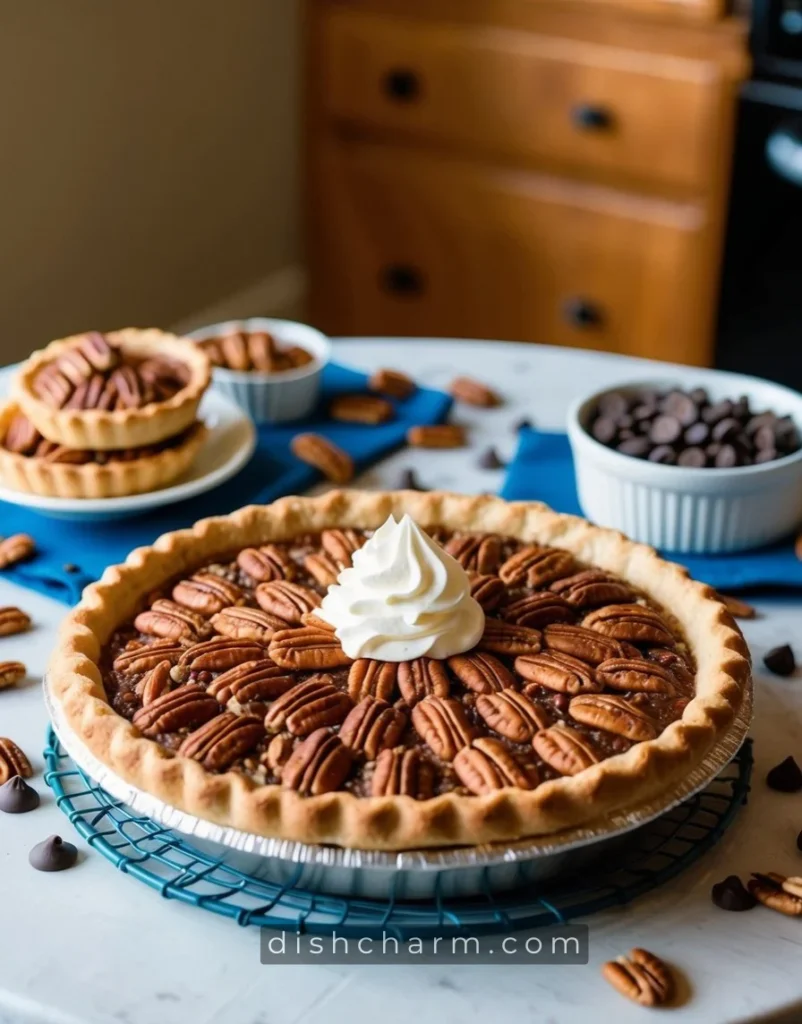 A table set with a freshly baked Kentucky Derby Pie surrounded by pecans, chocolate chips, and a dollop of whipped cream