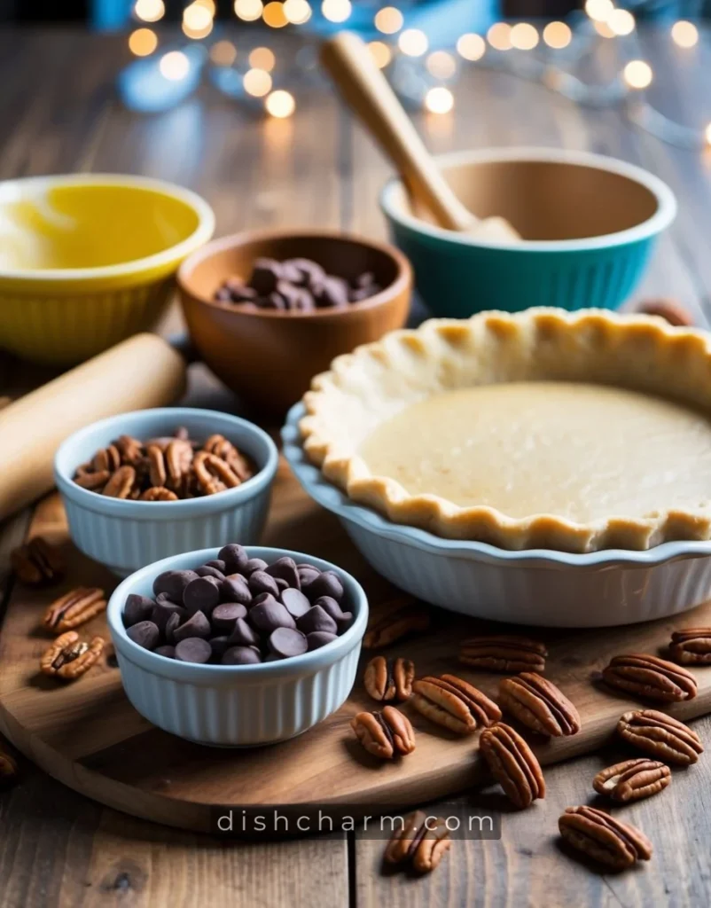 A table with ingredients for Derby Pie recipe, including chocolate chips, pecans, and a pie crust, surrounded by a rolling pin and mixing bowls