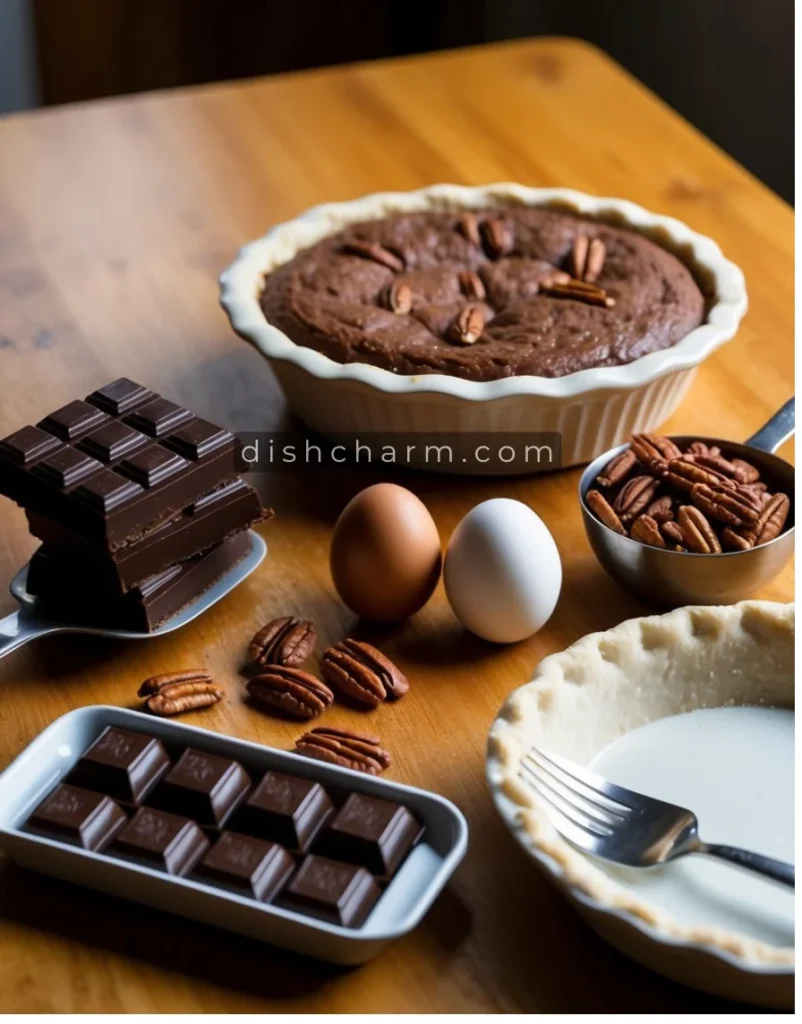 A table with ingredients and utensils for making Kentucky Derby Pie, including chocolate, pecans, eggs, and a pie dish