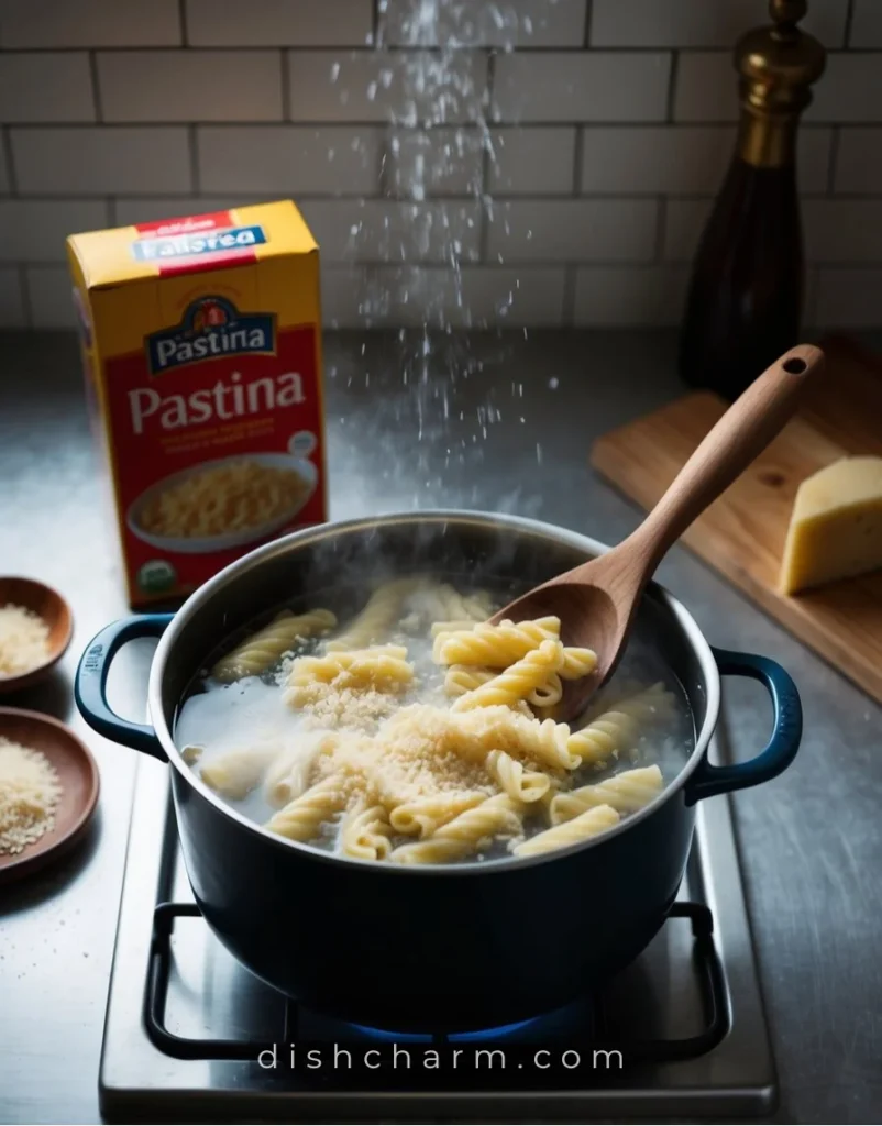 A vintage kitchen with a pot of boiling water, a box of pastina, a wooden spoon, and a sprinkle of parmesan cheese