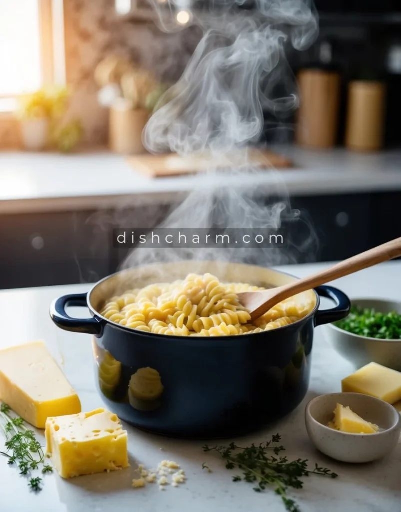 A steaming pot of pastina with a wooden spoon, surrounded by ingredients like cheese, butter, and herbs on a kitchen counter