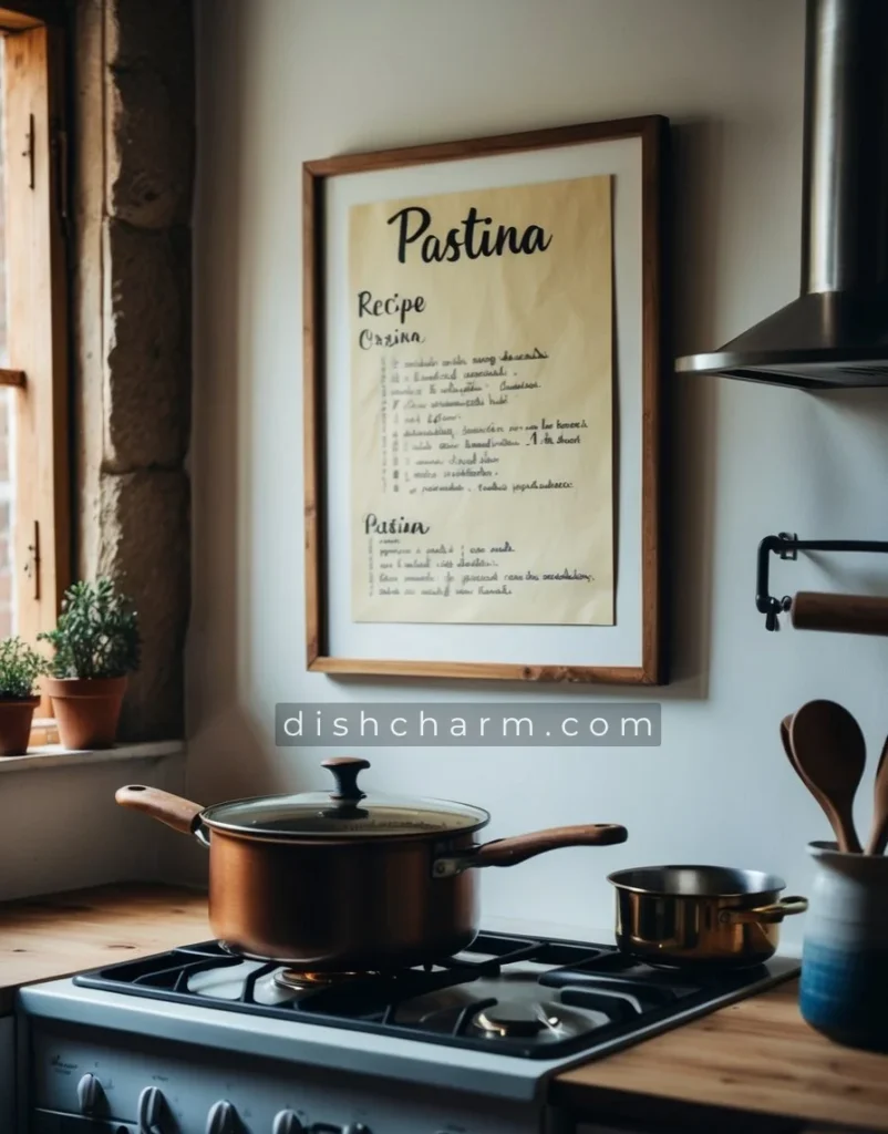 A rustic kitchen with vintage cookware and a handwritten recipe card for pastina framed on the wall. A pot simmers on the stove