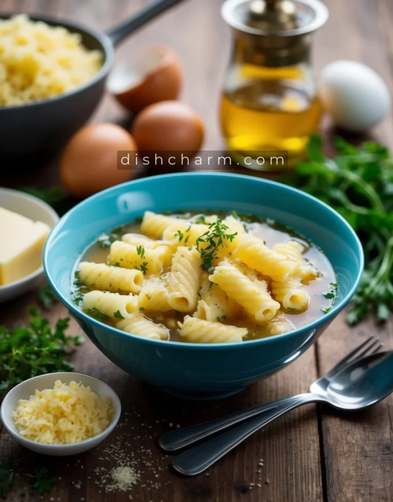 A bowl of pastina with broth and grated cheese, surrounded by ingredients like eggs, butter, and herbs on a wooden table