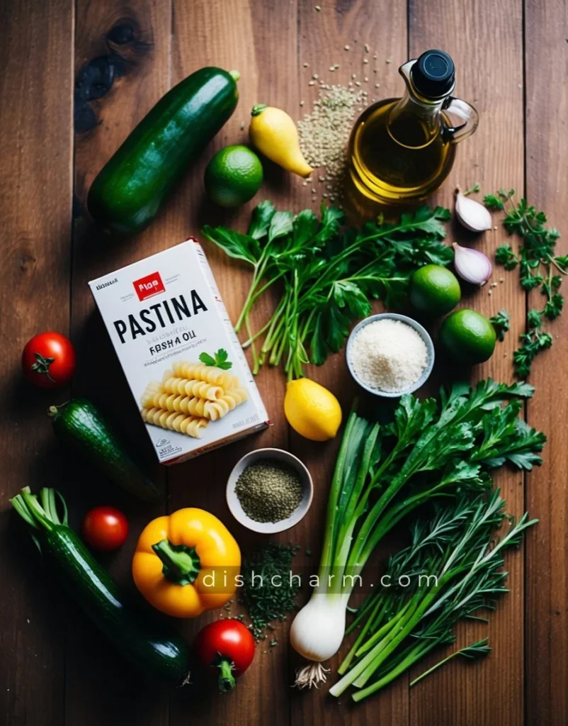 A variety of ingredients scattered on a wooden table - a box of pastina, fresh vegetables, a bottle of olive oil, and a sprinkle of herbs