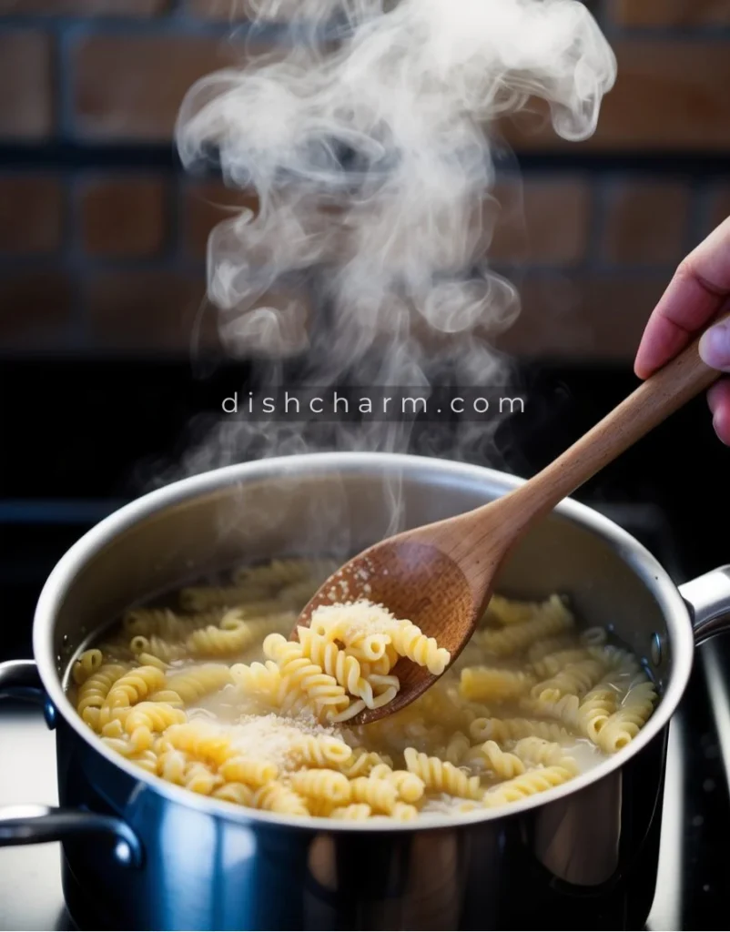 A pot of boiling water with tiny pastina pasta cooking inside, steam rising, a wooden spoon stirring, and a sprinkle of parmesan cheese on top