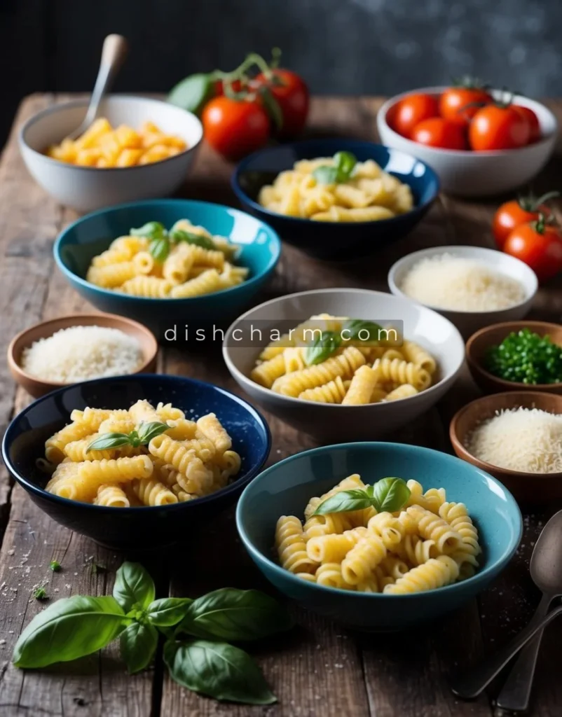 A rustic kitchen table with various bowls of pastina dishes surrounded by fresh ingredients like tomatoes, basil, and parmesan cheese