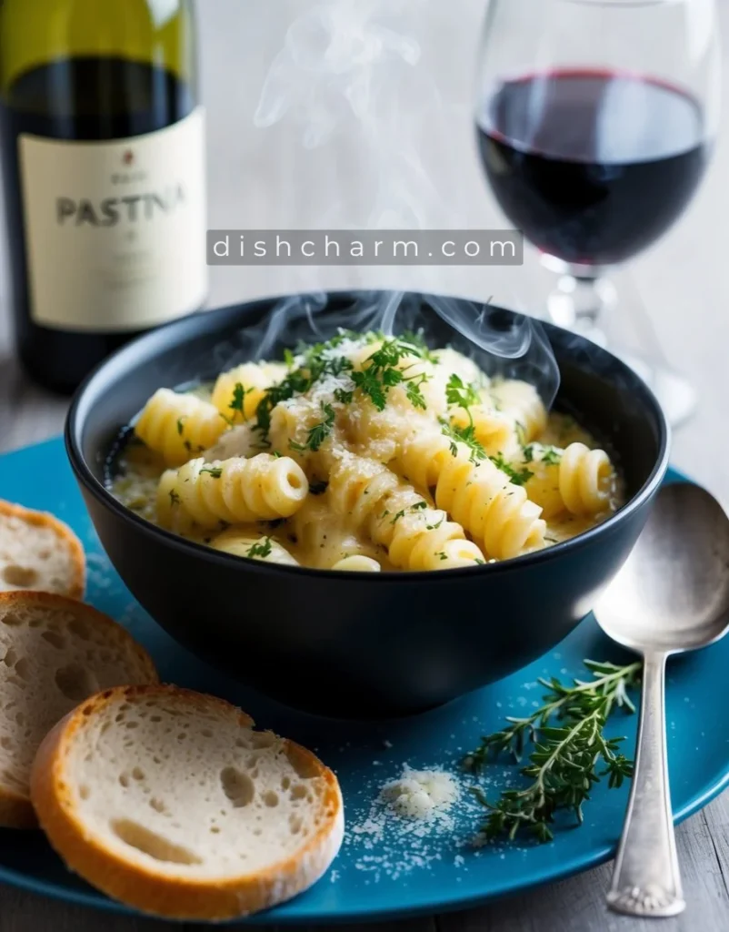 A steaming bowl of pastina topped with grated cheese and fresh herbs, accompanied by a side of crusty bread and a glass of wine