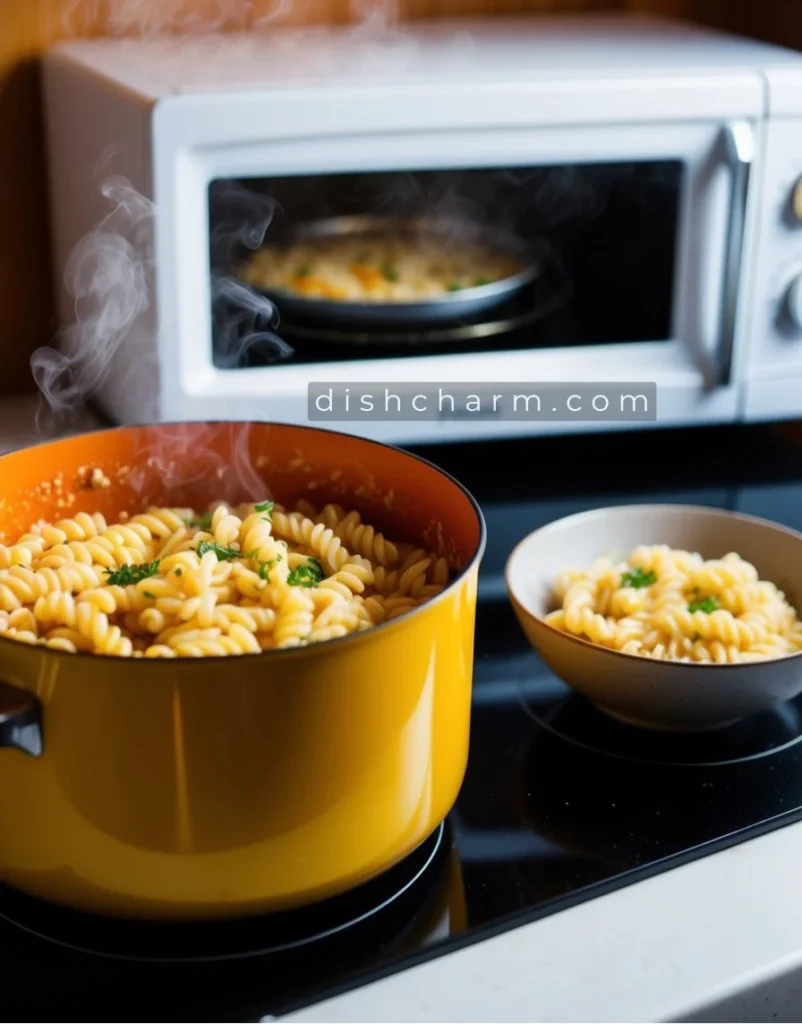 A pot of cooked pastina sits on a stove, steam rising. A microwave nearby shows the process of reheating a bowl of pastina