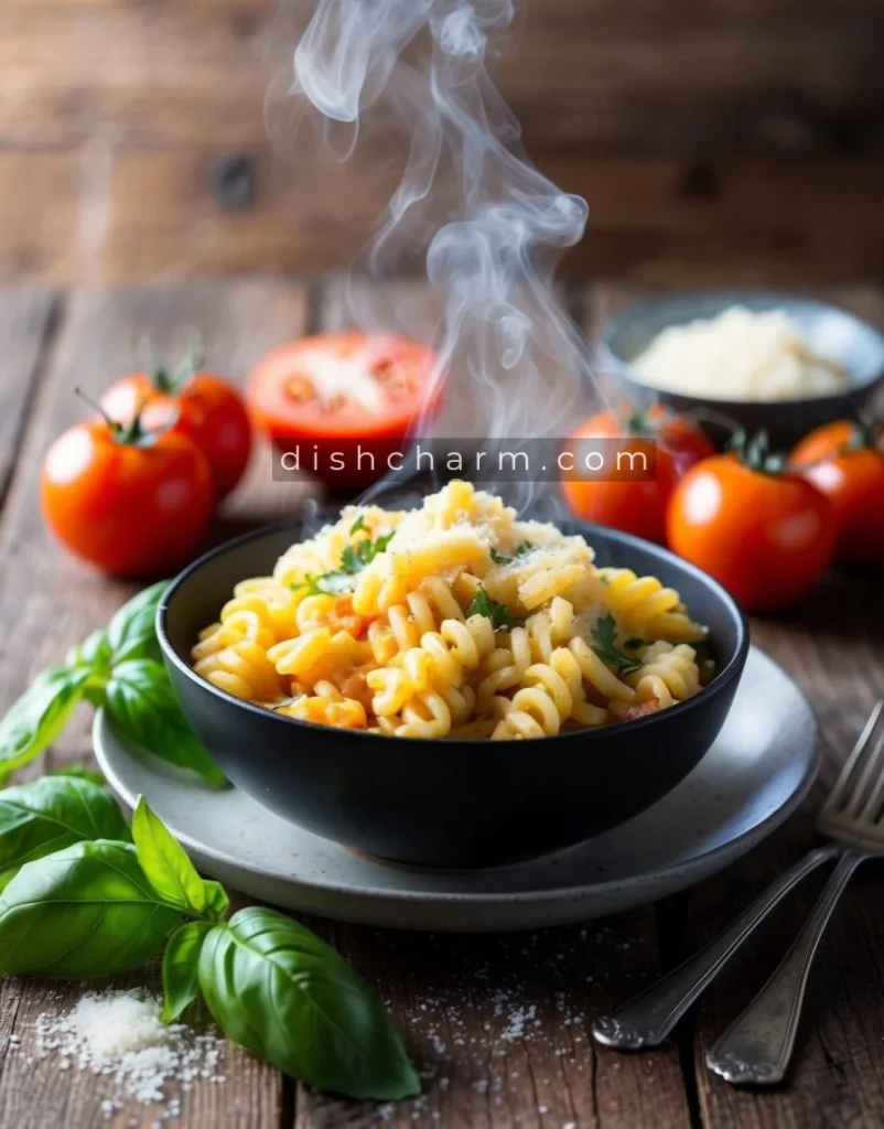 A steaming bowl of pastina sits on a rustic wooden table, surrounded by fresh ingredients like tomatoes, basil, and grated cheese