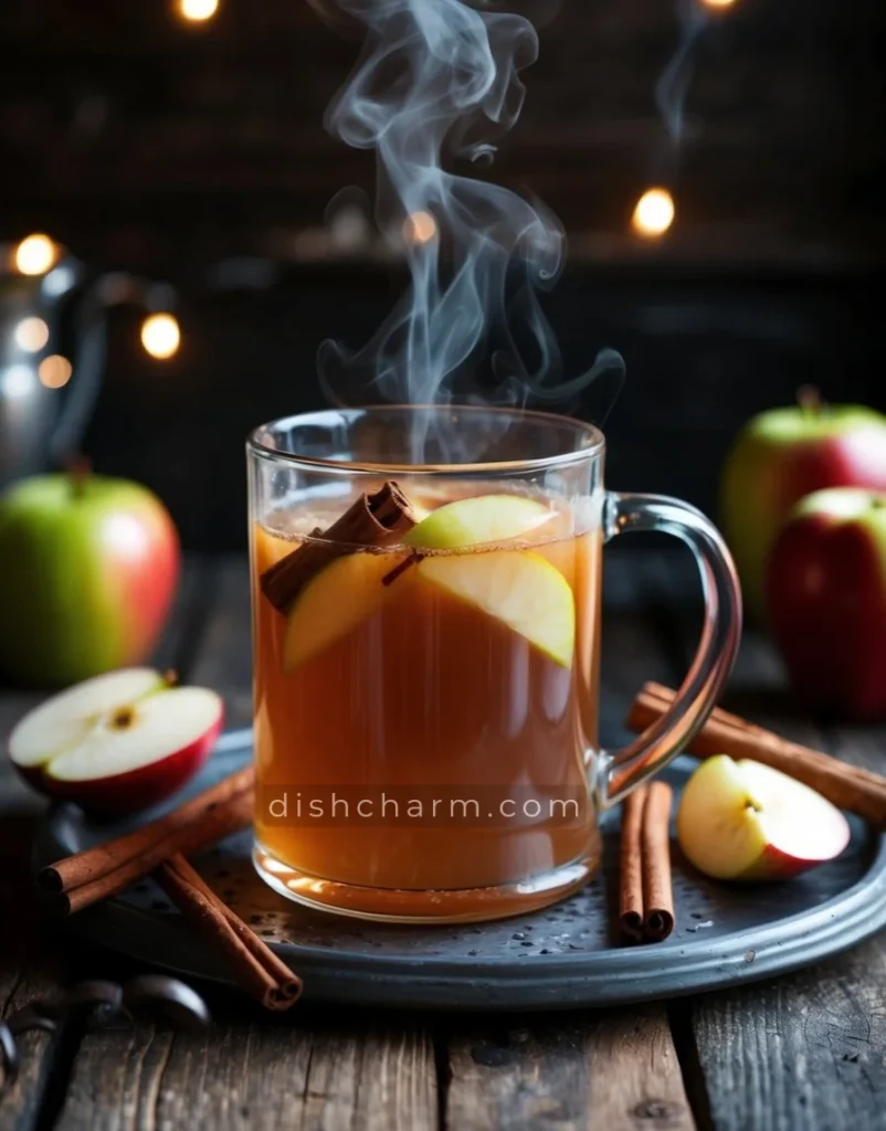 A steaming mug of spiced apple cider surrounded by cinnamon sticks and apple slices on a rustic wooden table