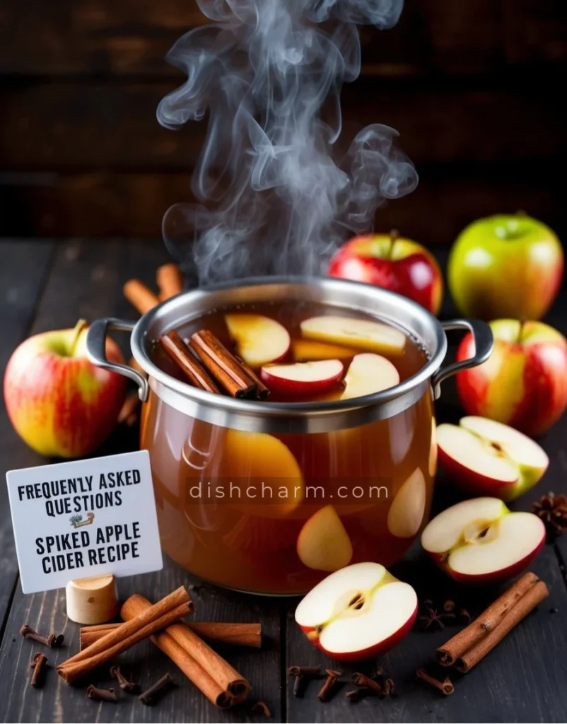 A steaming pot of apple cider surrounded by cinnamon sticks, cloves, and sliced apples, with a sign reading "Frequently Asked Questions Spiked Apple Cider Recipe" nearby