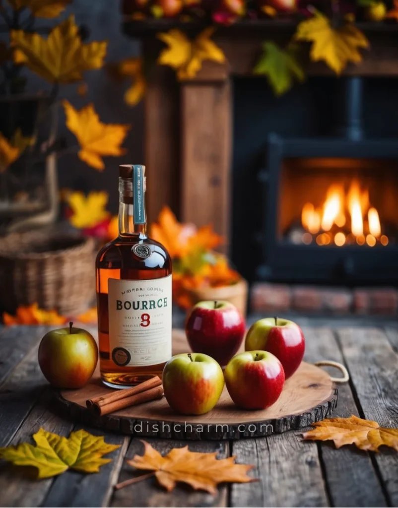 A rustic wooden table with apples, cinnamon sticks, and a bottle of bourbon, surrounded by autumn leaves and a cozy fireplace