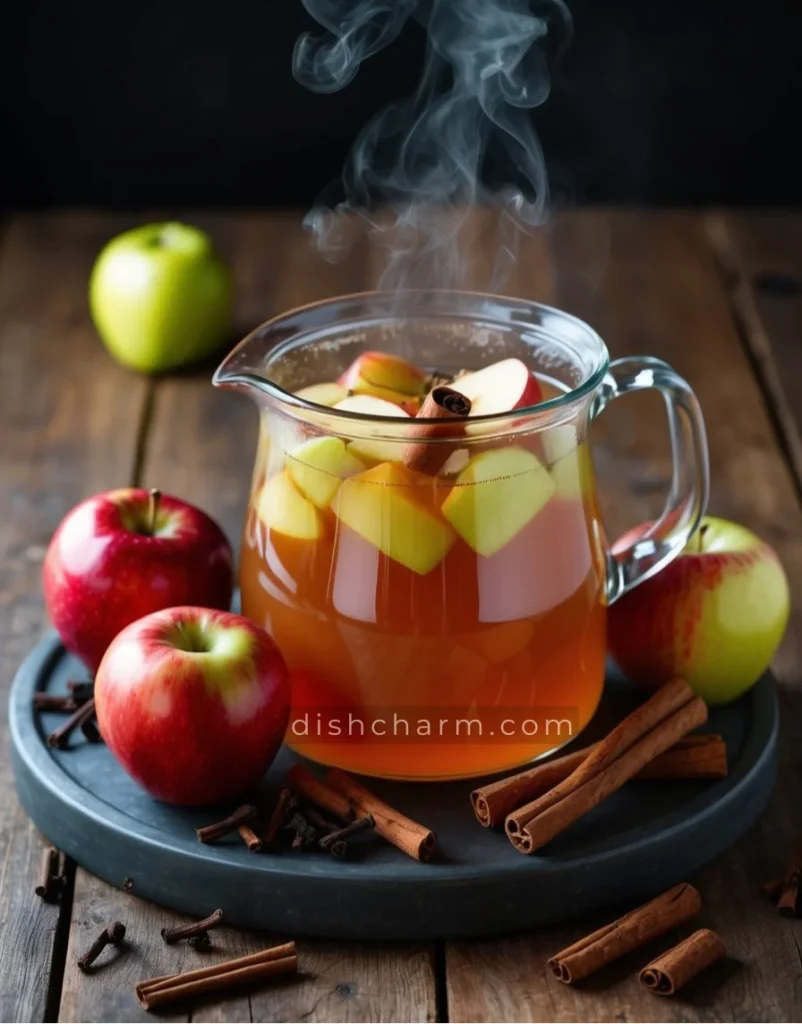 A steaming pot of apple cider surrounded by cinnamon sticks, cloves, and fresh apples on a rustic wooden table