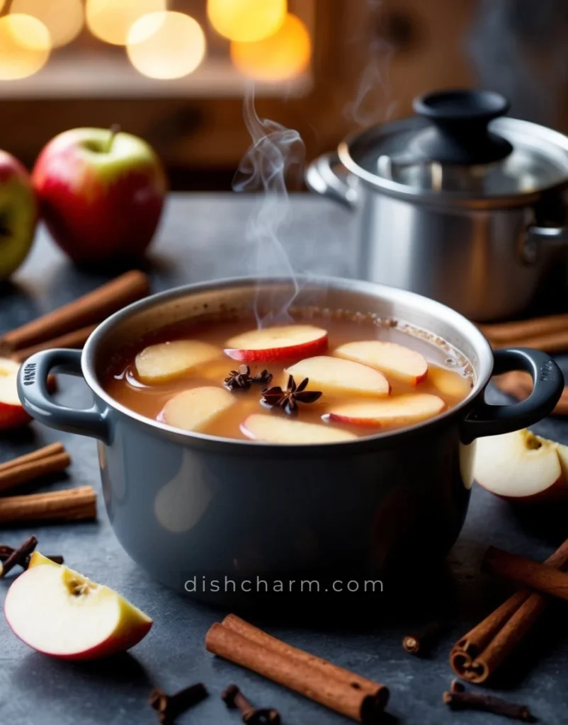 A rustic kitchen with a bubbling pot of apple cider surrounded by cinnamon sticks, cloves, and sliced apples