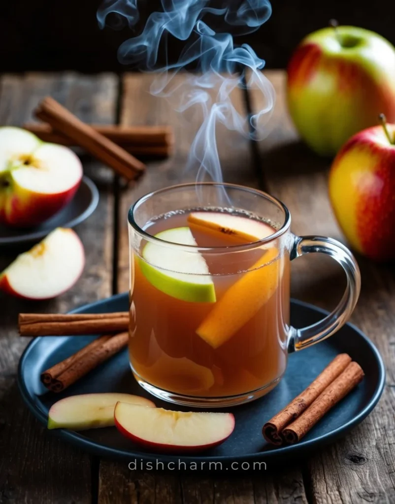 A steaming mug of spiced apple cider surrounded by cinnamon sticks and apple slices on a rustic wooden table