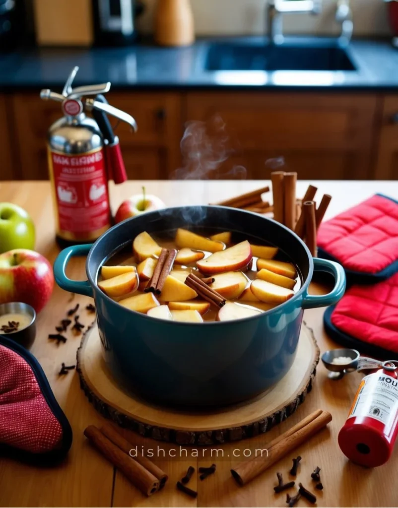 A cozy kitchen with a simmering pot of apple cider surrounded by cinnamon sticks, cloves, and an assortment of safety equipment like oven mitts and a fire extinguisher