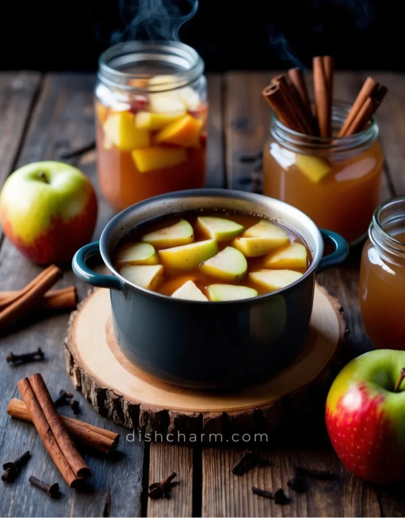 A cozy kitchen with a simmering pot of apple cider surrounded by cinnamon sticks, cloves, and an assortment of safety equipment like oven mitts and a fire extinguisher