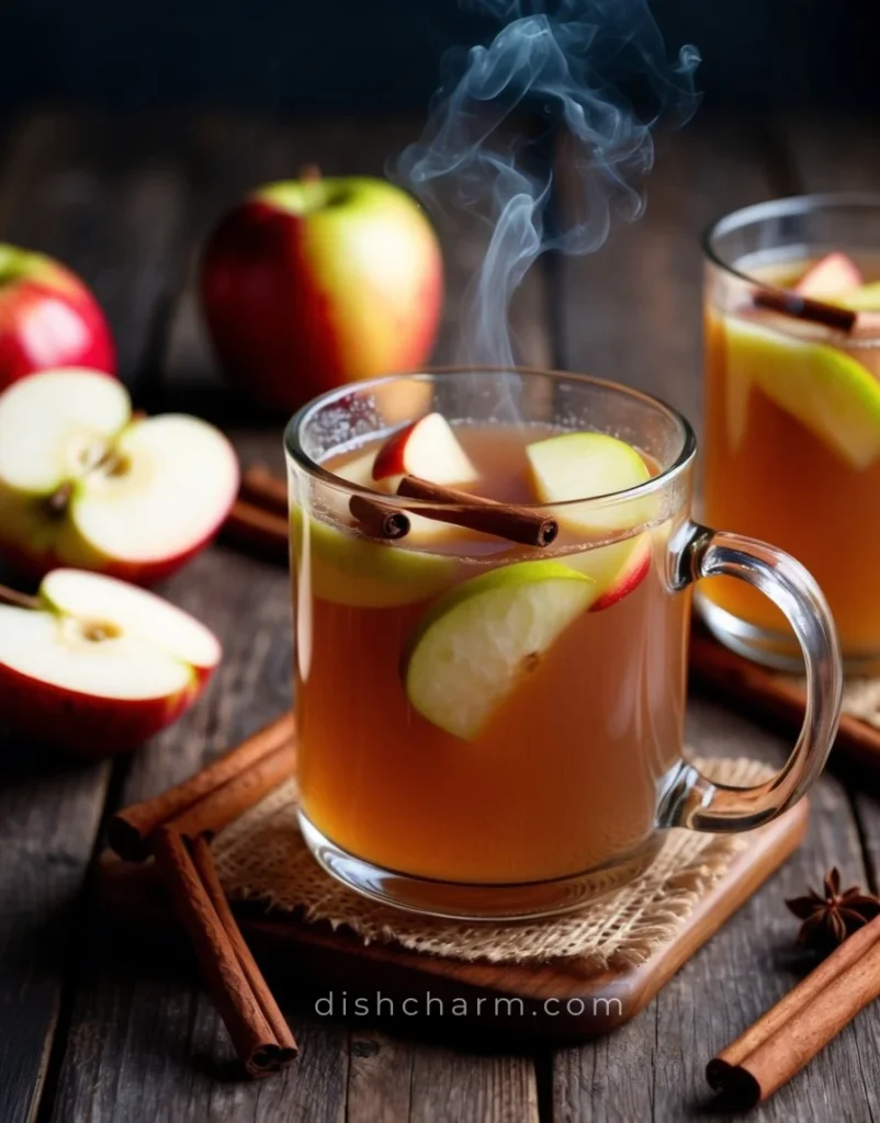 A steaming mug of spiced apple cider surrounded by cinnamon sticks and sliced apples on a rustic wooden table