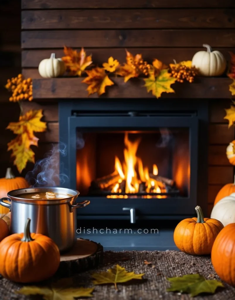 A cozy cabin with a crackling fire, surrounded by autumn leaves and pumpkins, with a steaming pot of spiced apple cider on the stove