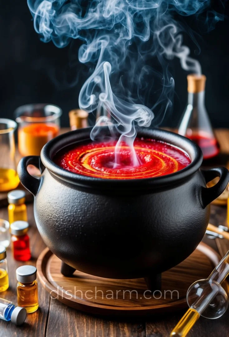 A bubbling cauldron with swirling red liquid, surrounded by vials of colorful ingredients and smoking beakers