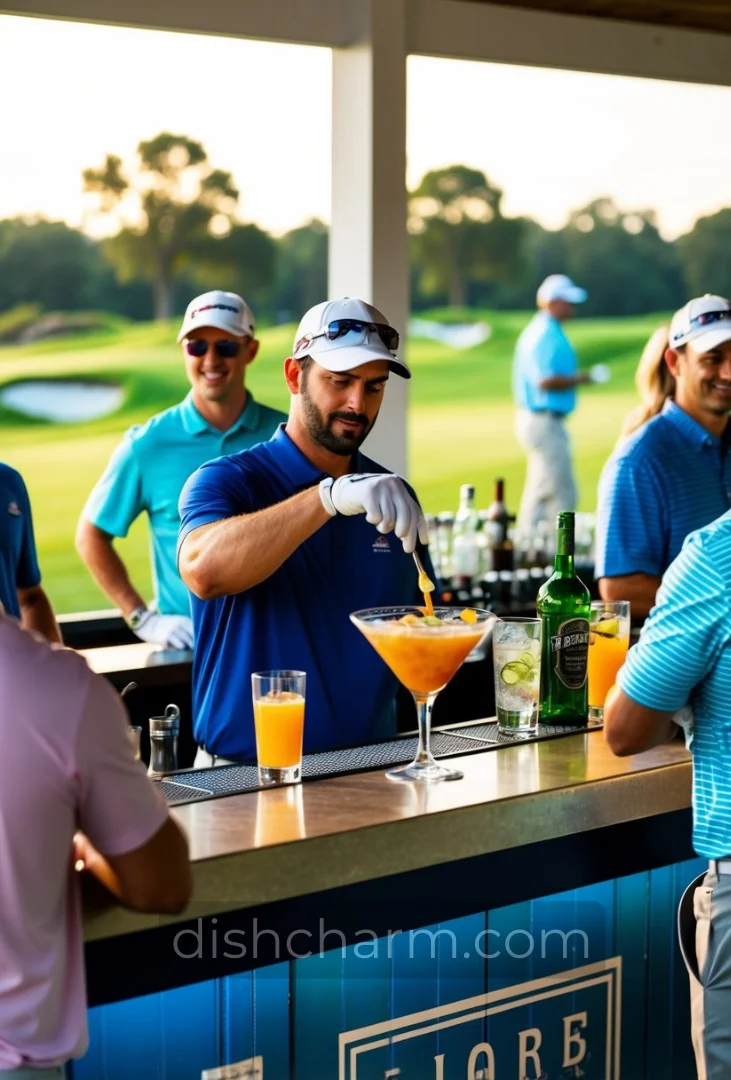 A golf course bar with a vibrant, outdoor setting. A bartender is mixing the Transfusion drink, surrounded by golfers enjoying the beverage