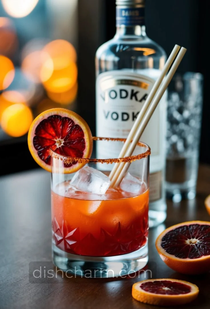 A glass filled with ice, vodka, and blood orange juice, with a stirring stick and a slice of blood orange on the rim