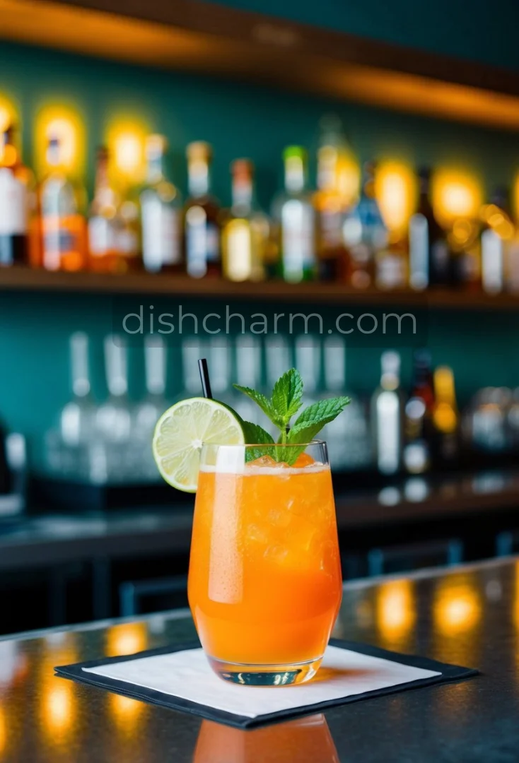 A glass filled with a bright orange cocktail, garnished with a slice of lime and a sprig of mint, sitting on a bar counter