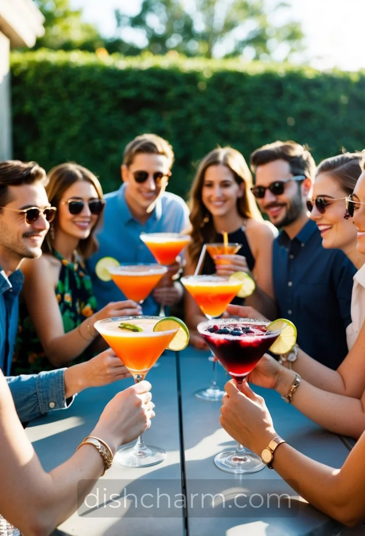 A group of friends gather around a table on a sunny patio, each holding a signature Transfusion drink in a sleek, stemless glass. The vibrant colors of the cocktail pop against the backdrop of greenery