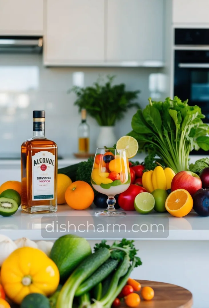 A colorful array of fresh fruits and vegetables, a bottle of alcohol, and a glass of the finished Transfusion drink on a clean, well-lit kitchen counter