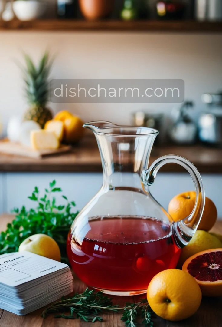 A glass pitcher filled with a red liquid surrounded by various fruits and herbs, with a stack of recipe cards nearby