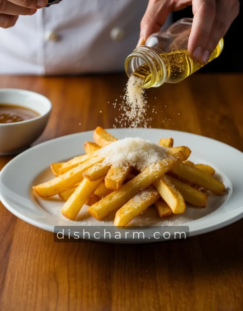 A chef sprinkles truffle oil and grated parmesan over a plate of golden, crispy fries. A bowl of dipping sauce sits nearby