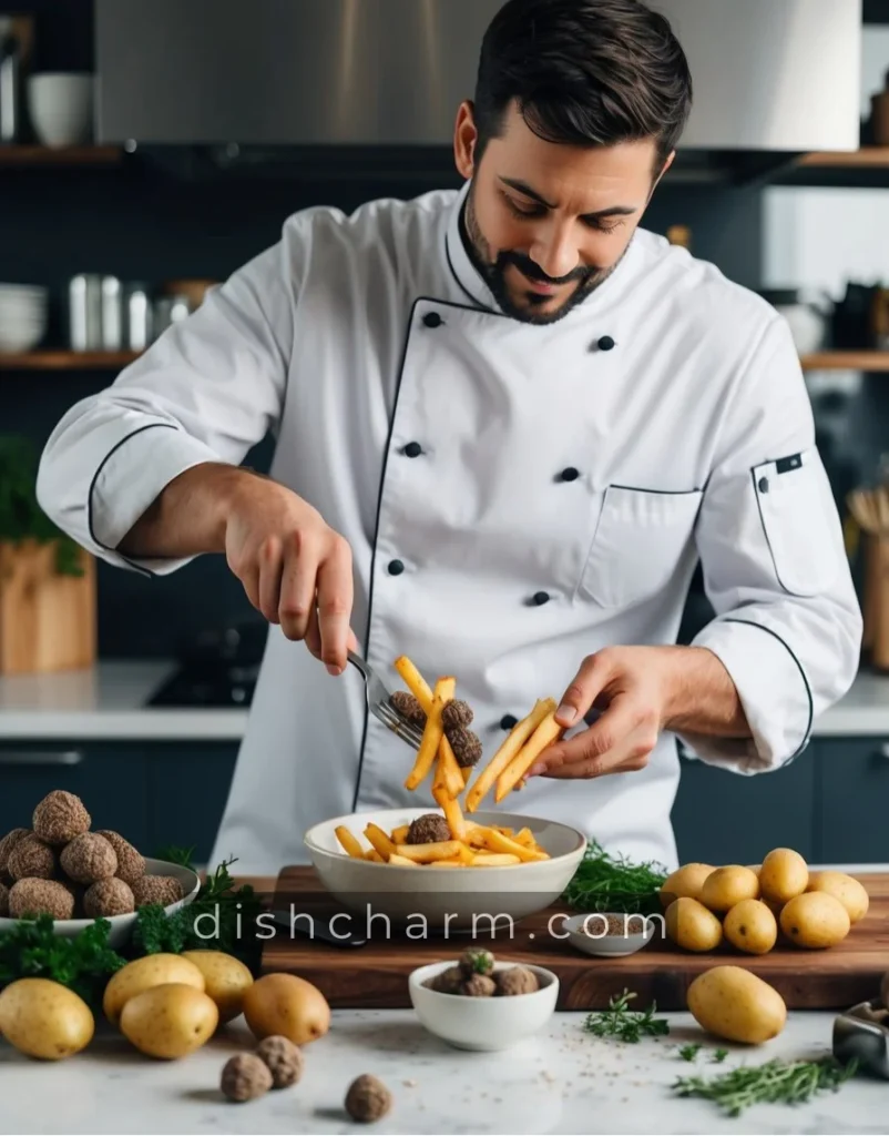 A chef preparing truffle fries in a modern kitchen, surrounded by fresh truffles, potatoes, and a variety of seasonings and herbs