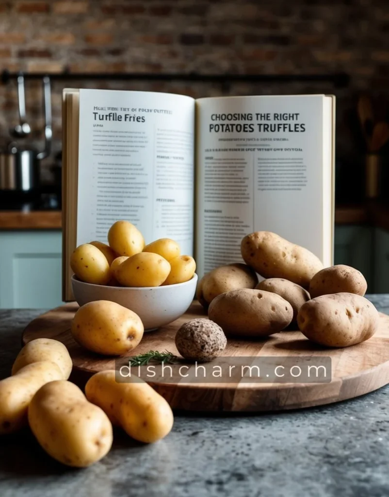 A rustic kitchen countertop with a variety of potatoes, a truffle, and a recipe book open to the "Choosing the Right Potatoes Truffle Fries" page