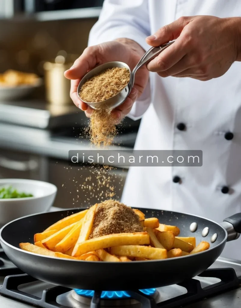 A chef sprinkles grated truffle over golden, crispy fries in a sizzling pan on a stovetop