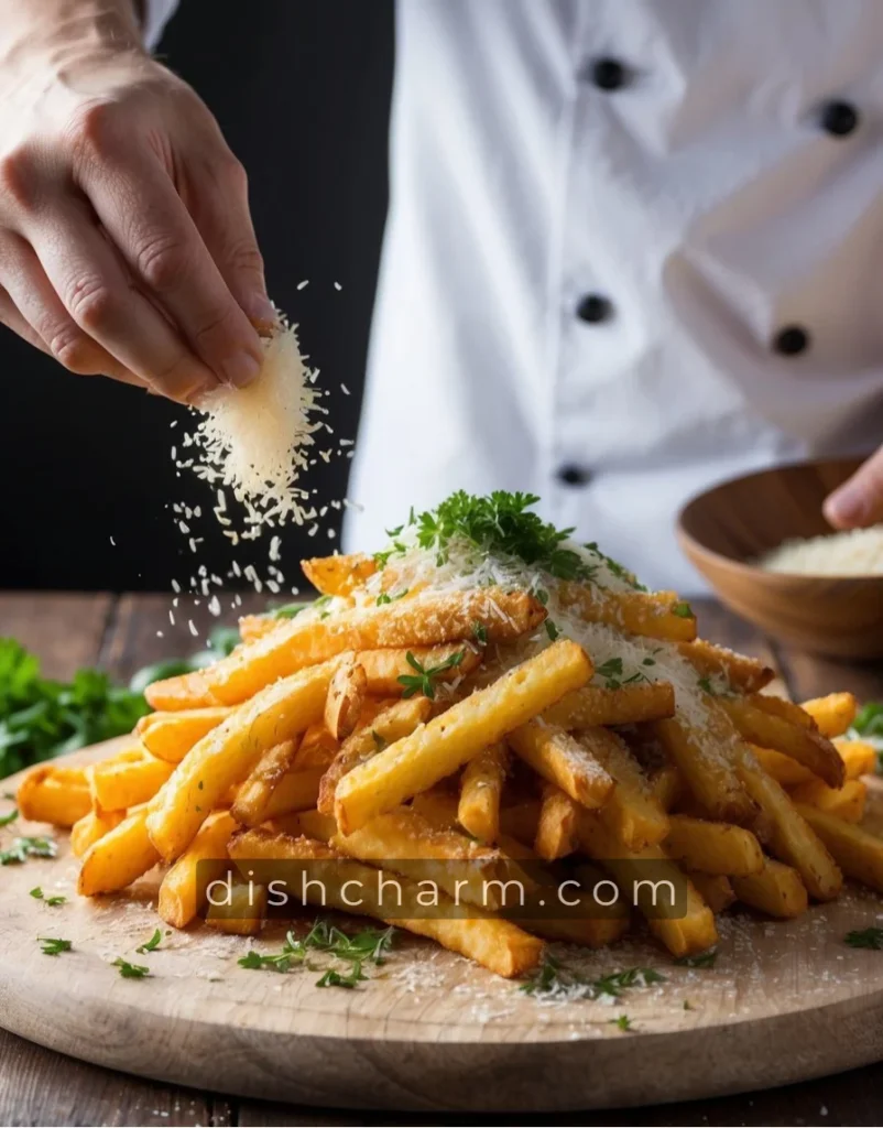 A chef sprinkles freshly grated parmesan and chopped parsley over a golden pile of crispy truffle fries on a rustic wooden serving board