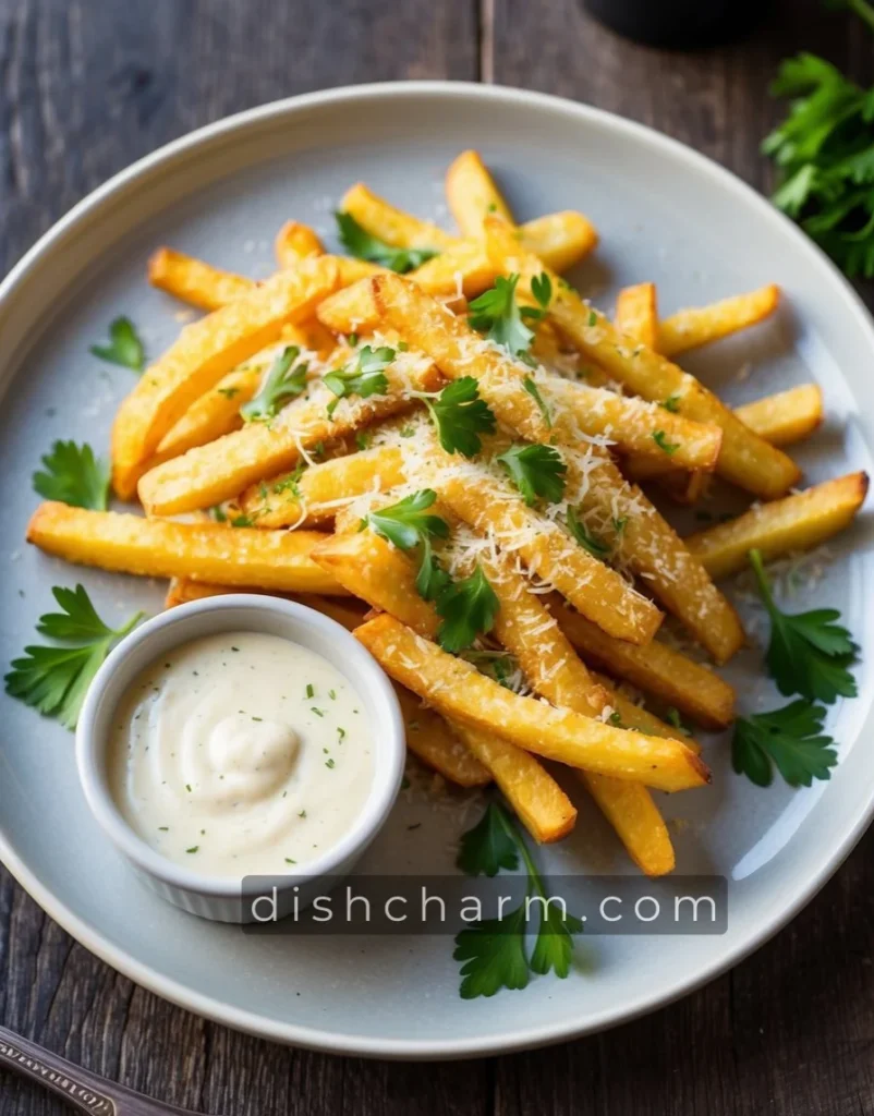 A plate of golden truffle fries topped with grated parmesan and fresh parsley, served alongside a small ramekin of creamy aioli for dipping