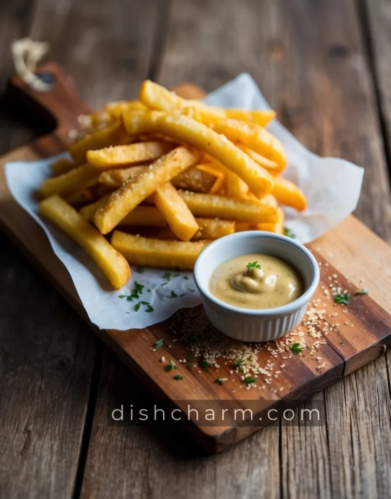 Golden truffle fries arranged on a rustic wooden serving board, accompanied by a small dish of dipping sauce