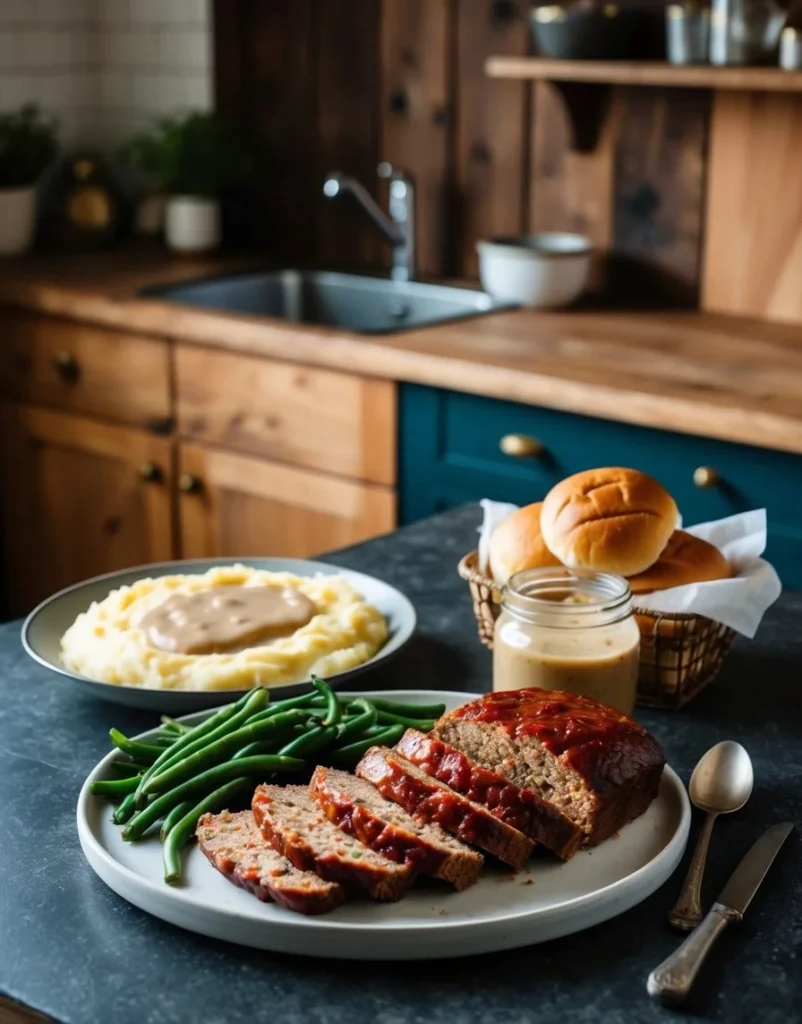 A rustic kitchen counter with a platter of sliced meatloaf, mashed potatoes, and green beans, accompanied by a jar of gravy and a basket of dinner rolls