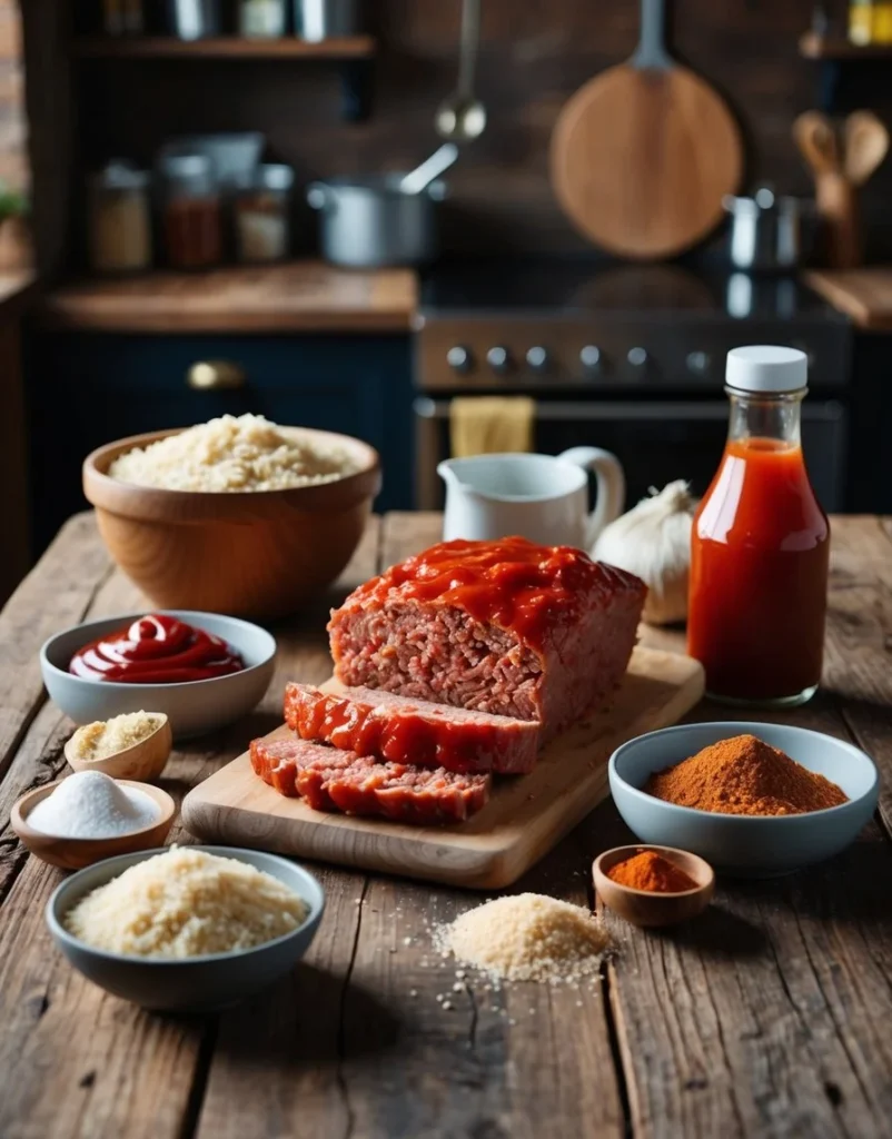 A rustic kitchen with a wooden table set with ingredients like ground beef, breadcrumbs, ketchup, and spices for making meatloaf