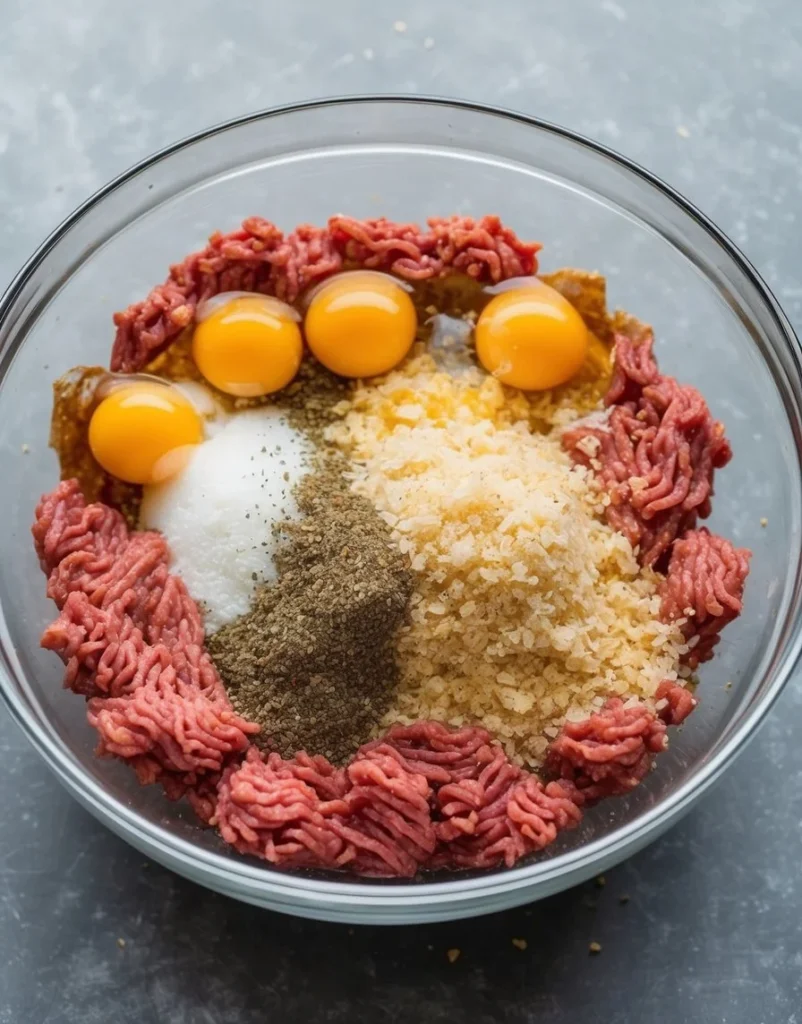A mixing bowl filled with ground meat, breadcrumbs, eggs, and seasonings, ready to be combined for the meatloaf mixture