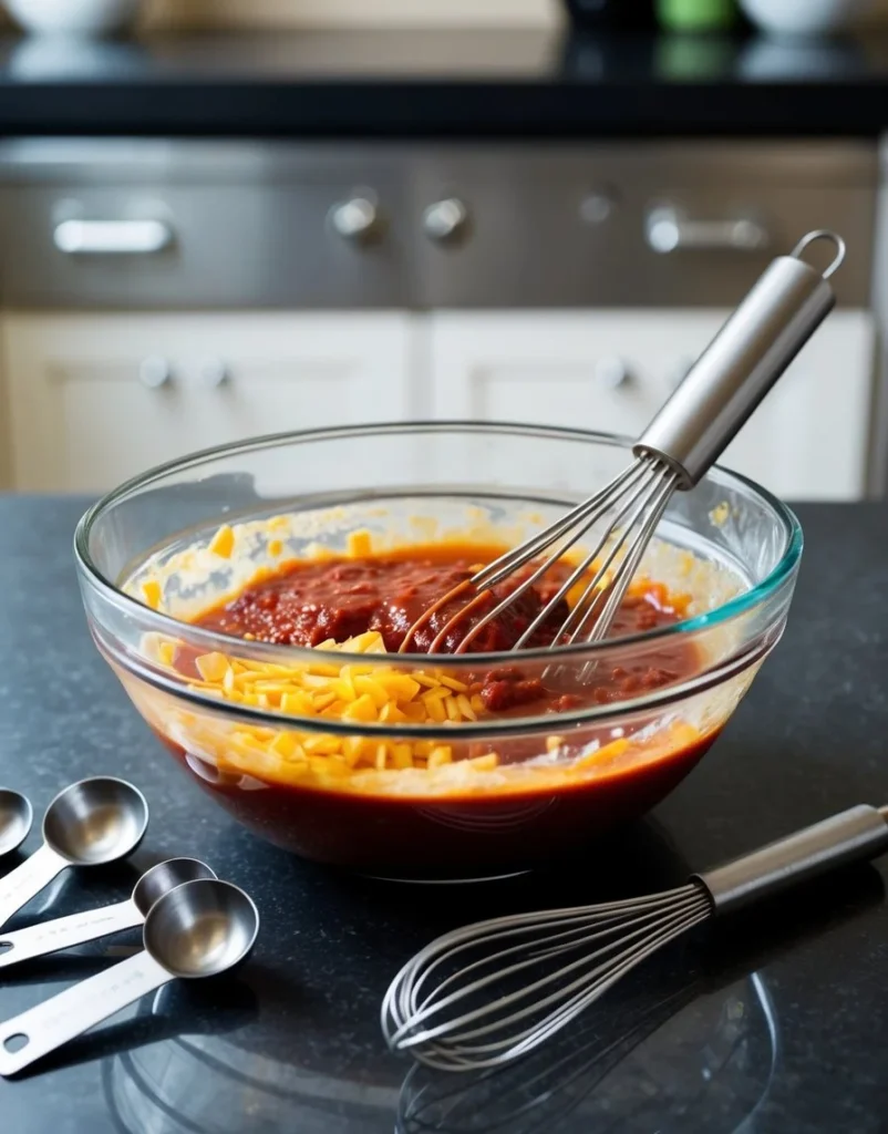 A mixing bowl filled with ingredients for meatloaf glaze, surrounded by measuring spoons and a whisk on a kitchen counter