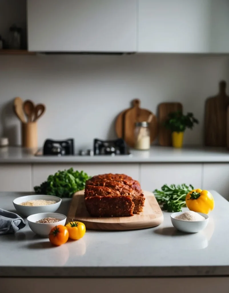 A rustic table set with a hearty slice of meatloaf, mashed potatoes, green beans, and a side of gravy