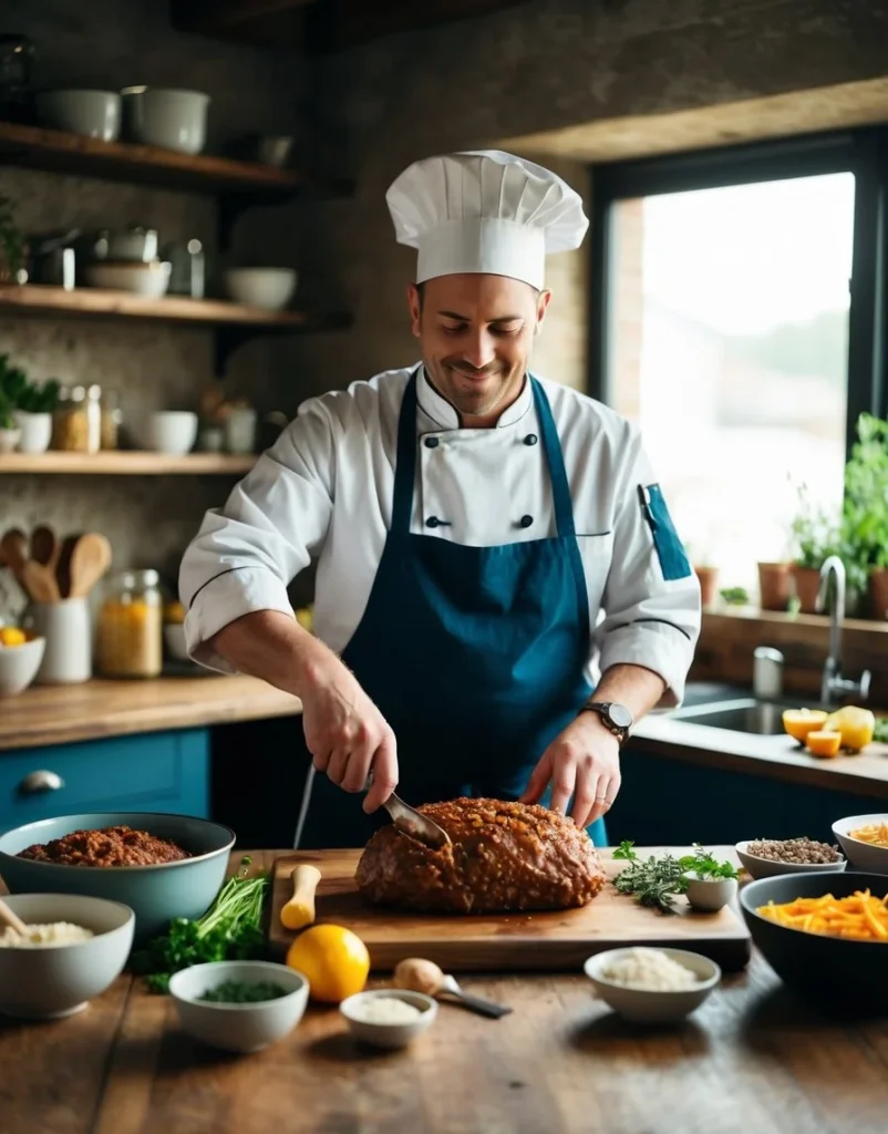 A chef in a rustic kitchen swaps ingredients for a meatloaf recipe, surrounded by various food items and cooking utensils