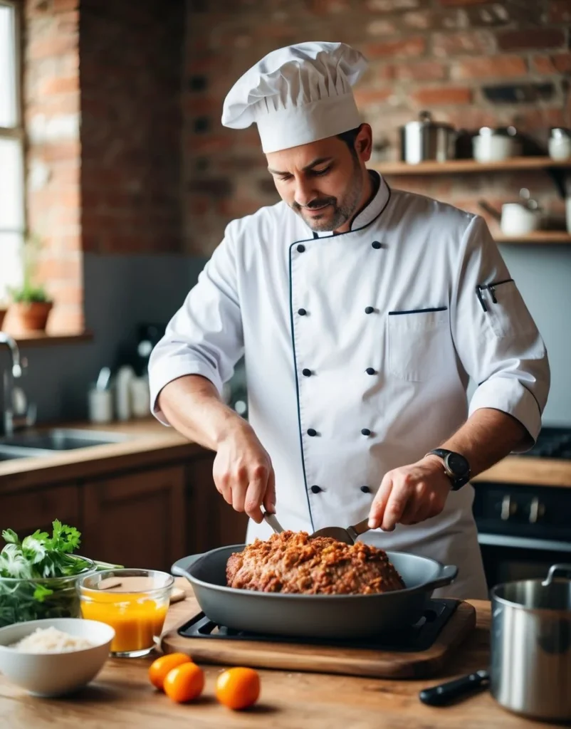 A chef preparing ingredients and mixing meatloaf in a rustic kitchen setting
