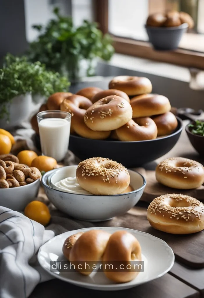 A kitchen counter with fresh bagels, a bowl of homemade yogurt, and ingredients