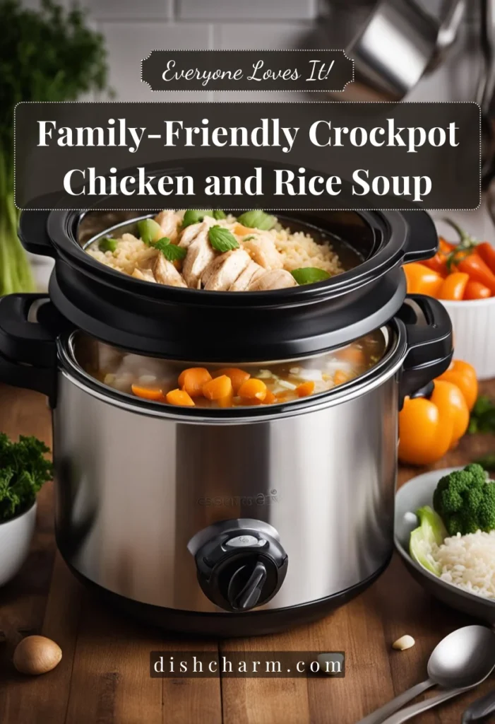 A crockpot simmering with chicken, rice, and vegetables, steam rising, surrounded by kitchen utensils and ingredients