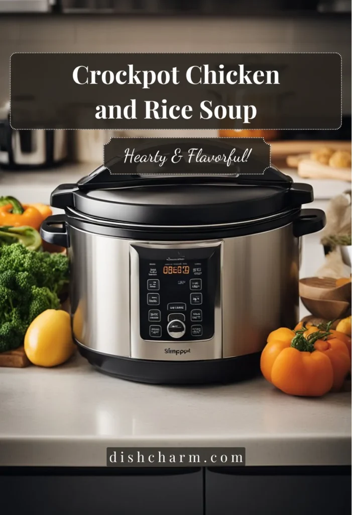 A cozy kitchen with a simmering crockpot filled with chicken, rice, and vegetables. A warm, comforting aroma fills the air