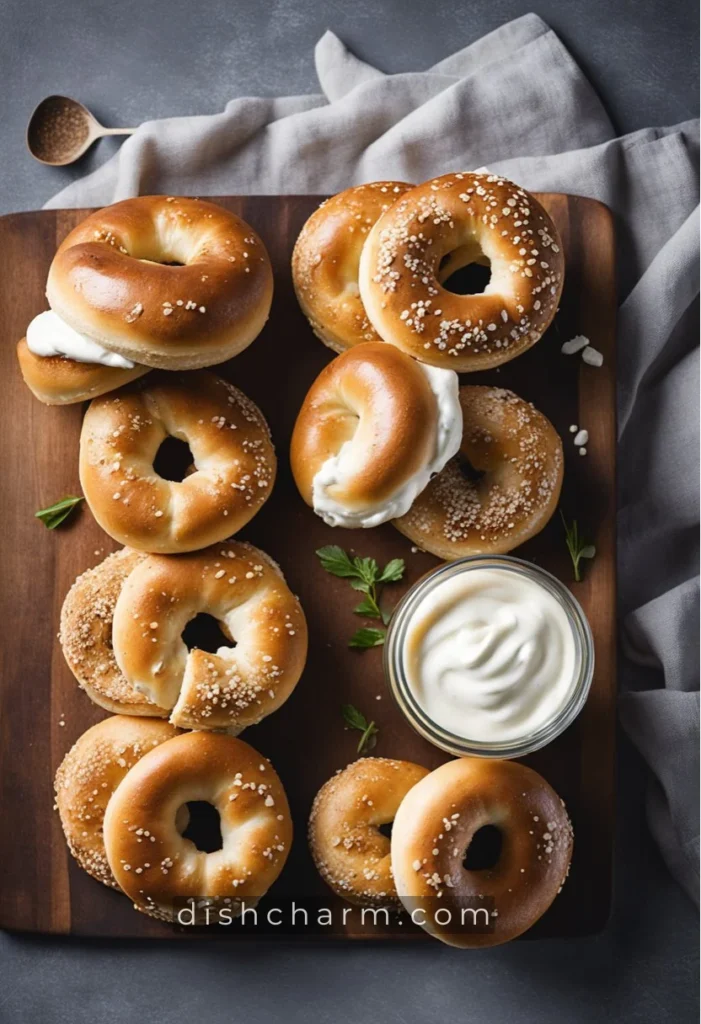 A stack of soft, chewy homemade yogurt bagels in various flavors, arranged on a rustic wooden cutting board with a dollop of cream cheese on the side