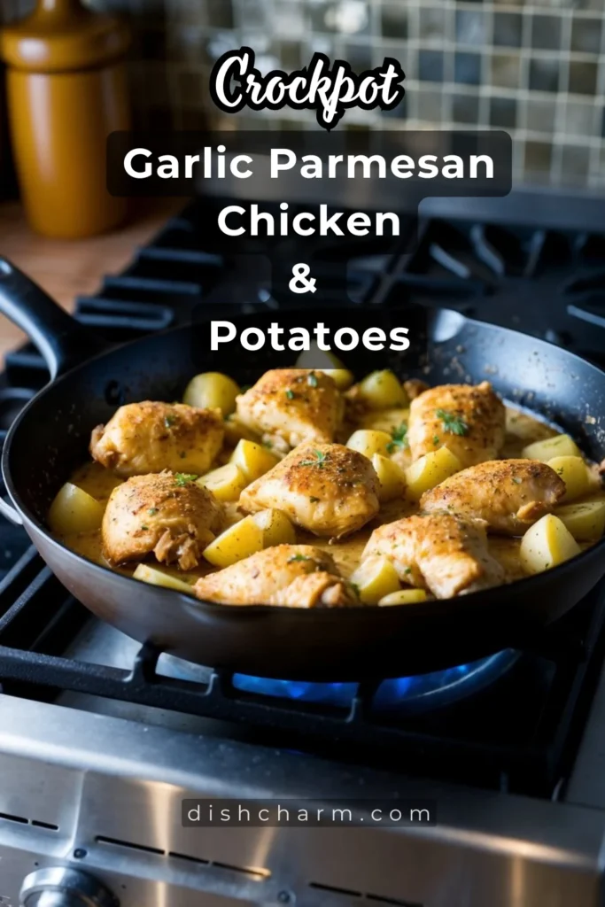 A sizzling skillet with seasoned chicken and potatoes cooking in a garlic parmesan sauce on a stovetop